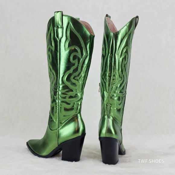 Electric Cowboy Brush Metallic Matte Western Knee High Cowgirl Boots Green - Picture 4 of 11